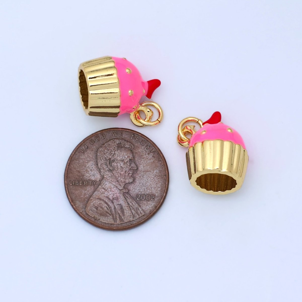 24K Gold Filled Pink Cupcake Desert Enamel 3D Multidimensional Charm | C051 - DLUXCA