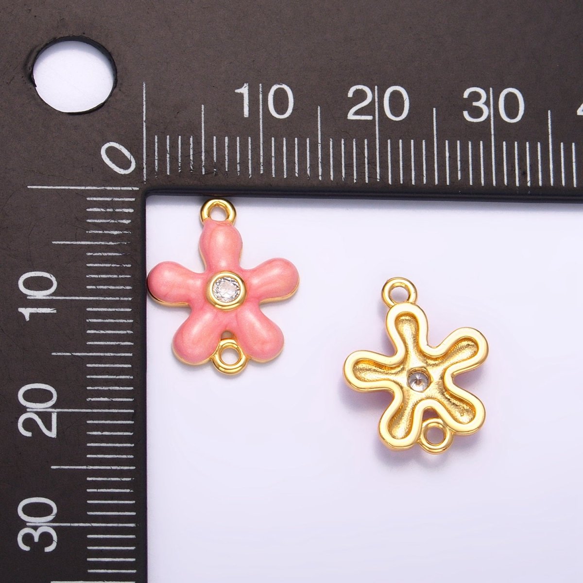 24K Gold Filled Pink Enamel CZ Flower Connector | F767 - DLUXCA