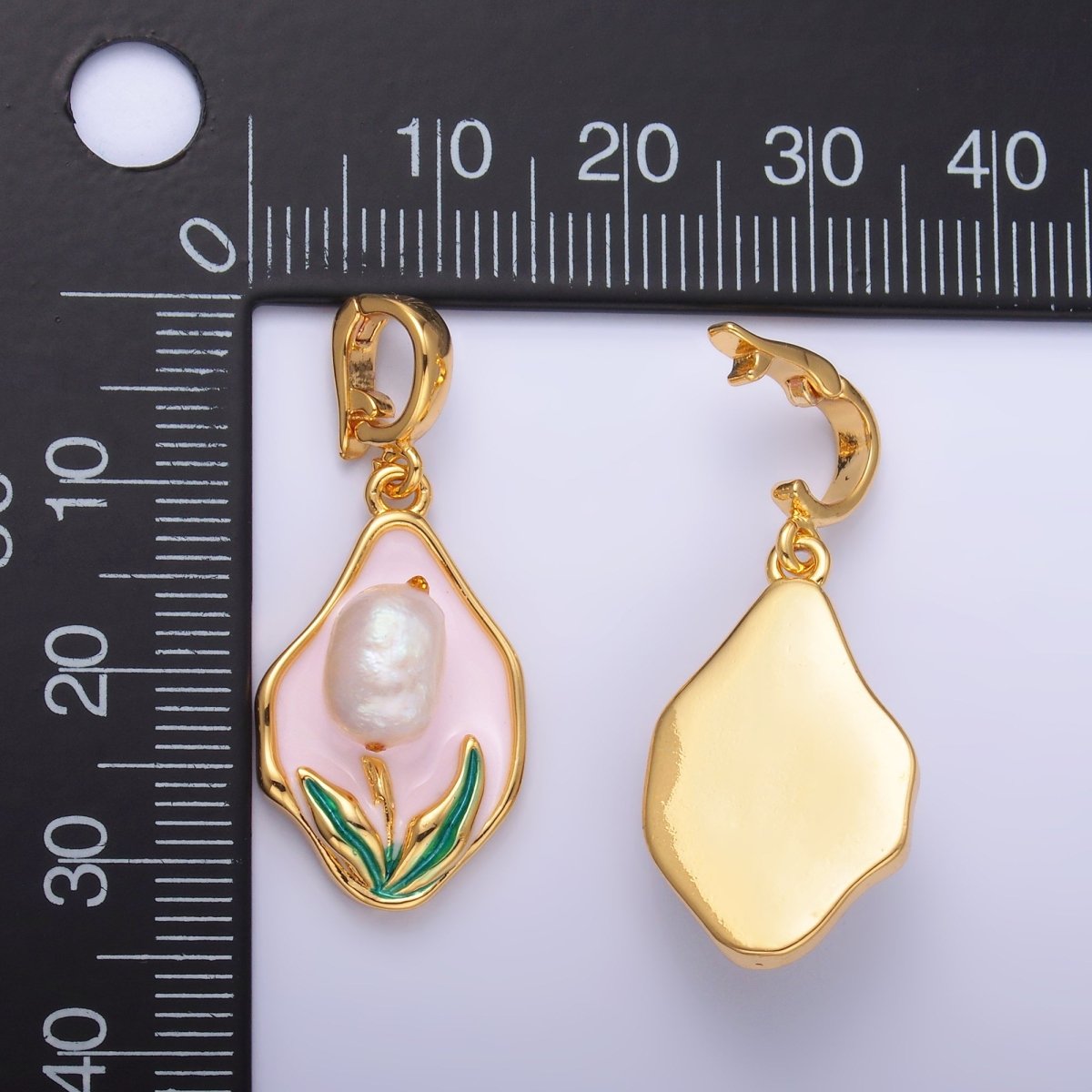 24K Gold Filled Pink Enamel Tulip Charm with Snap Bail Pendant | AA - 1467 - DLUXCA
