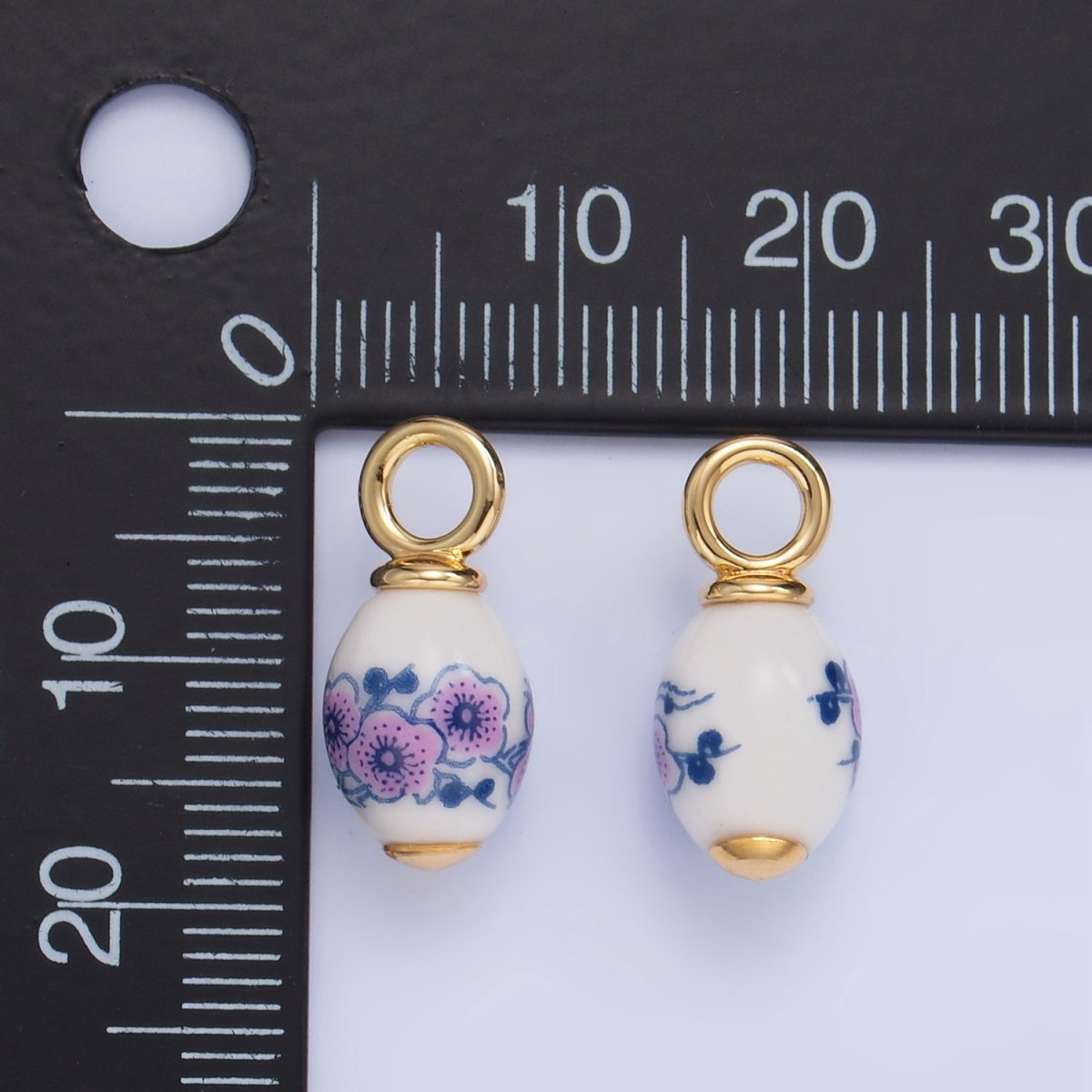 24K Gold Filled Pink Flowers White Ceramic Drop Charm | W120 - DLUXCA