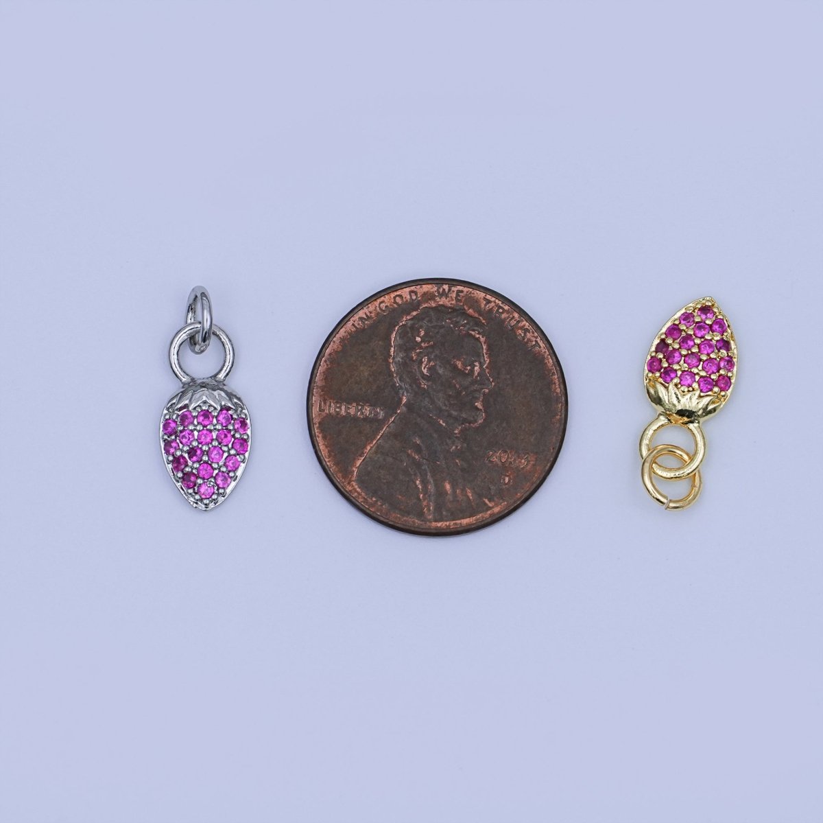 24K Gold Filled Pink Micro Paved CZ Strawberry Mini Charm in Gold & Silver | W638 - DLUXCA