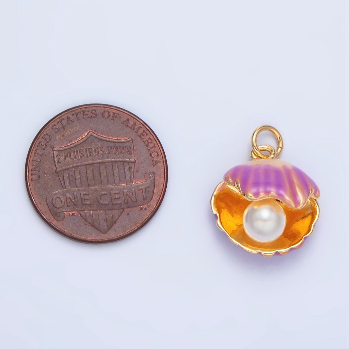 24K Gold Filled Pink, Purple Enamel Clam Sea Shell Pearl Charm | X610 - DLUXCA