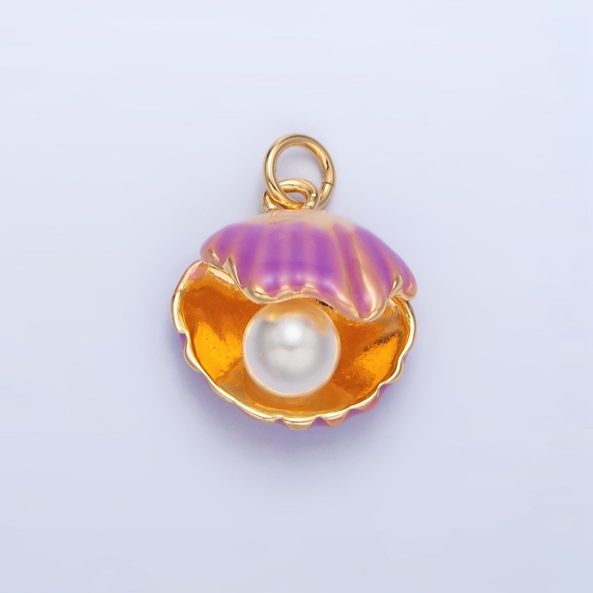 24K Gold Filled Pink, Purple Enamel Clam Sea Shell Pearl Charm | X610 - DLUXCA