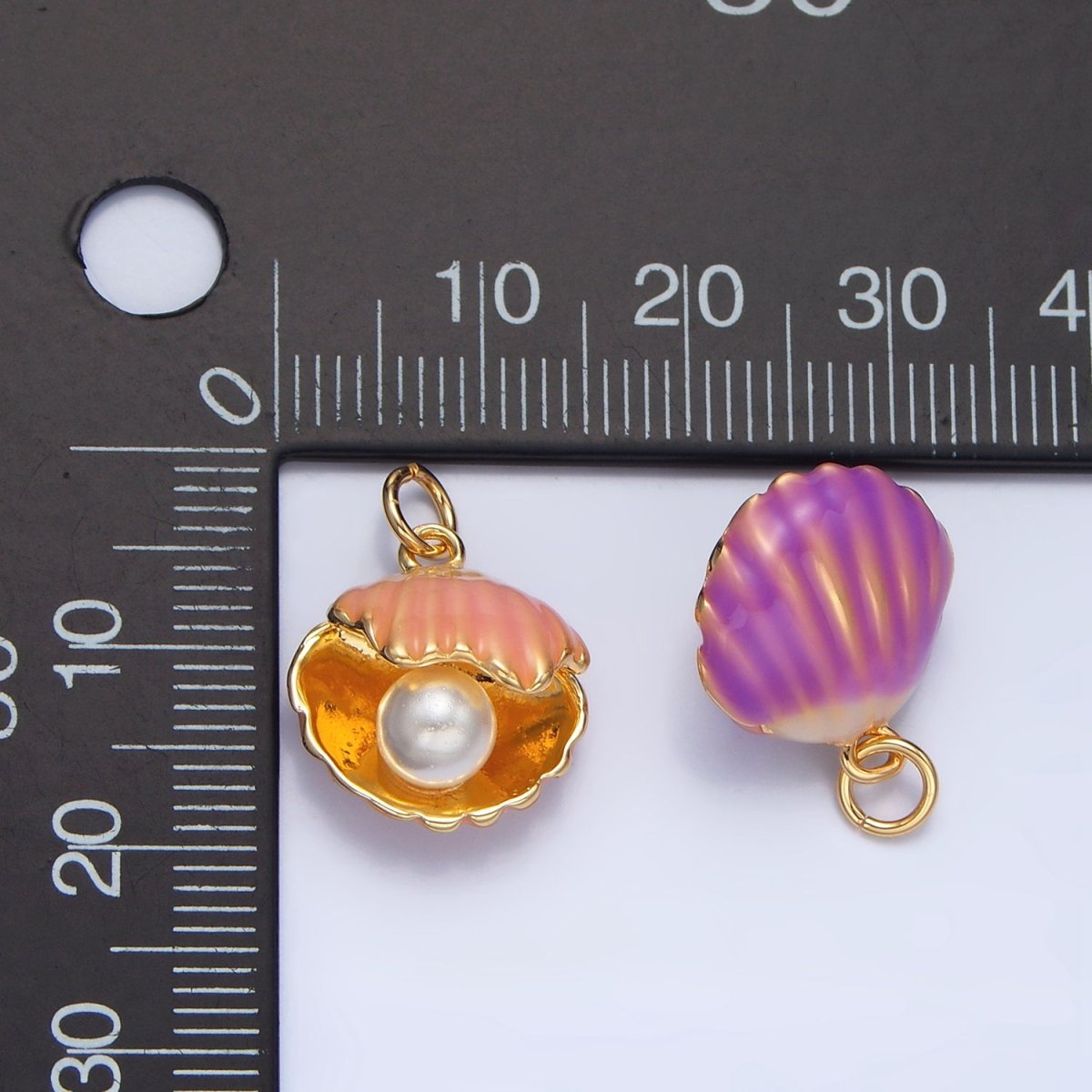 24K Gold Filled Pink, Purple Enamel Clam Sea Shell Pearl Charm | X610 - DLUXCA
