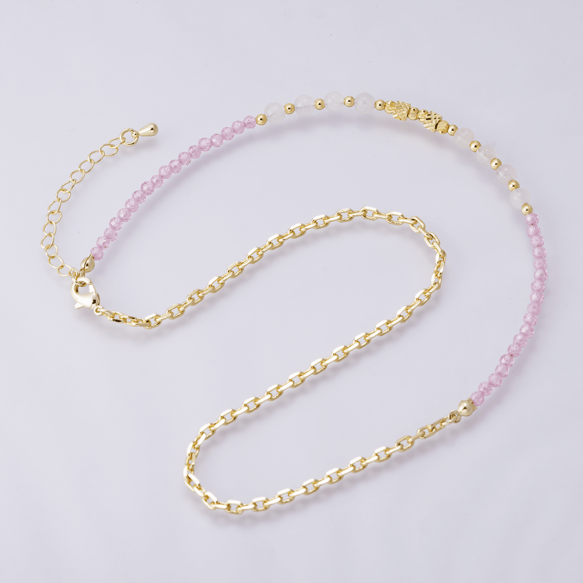 24K Gold Filled Pink Quartz Multifaceted Natural Gemstone 16.5 Inch Necklace w. Extender | WA - 04175 - DLUXCA