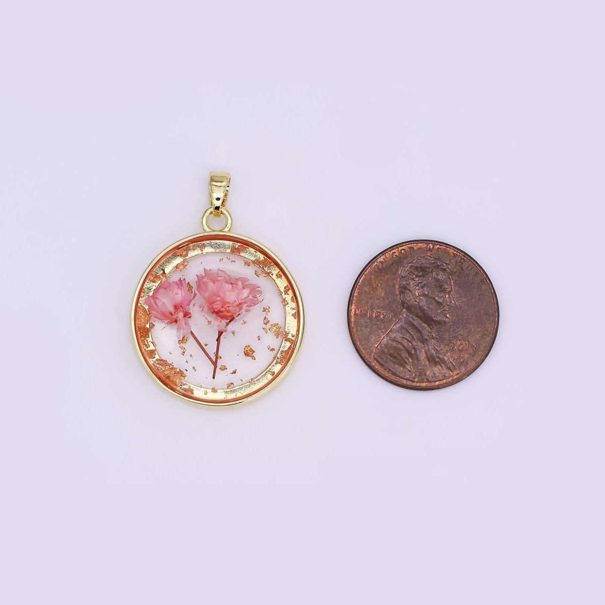 24K Gold Filled Pink Red Rose Flower Acrylic Round Pendant | AA1507 - DLUXCA