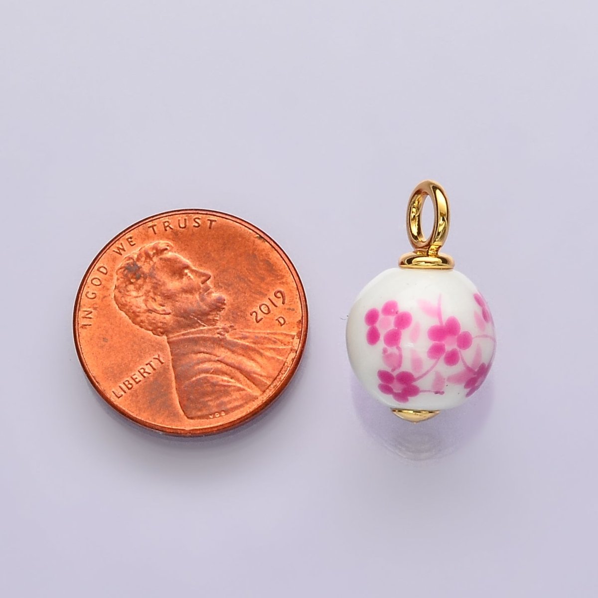 24K Gold Filled Pink Violet Round Ceramic Drop Pendant | C671 - DLUXCA