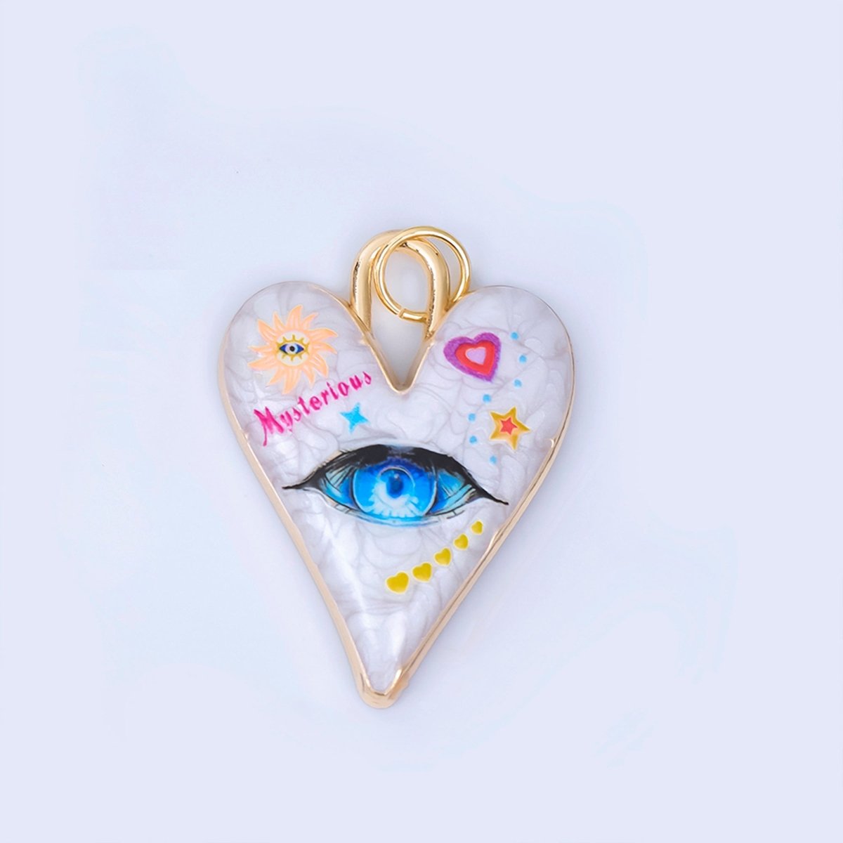 24K Gold Filled Pop Art Eye White Glitter Enamel Padlock Heart Charm | AJ439 - AJ444 - DLUXCA