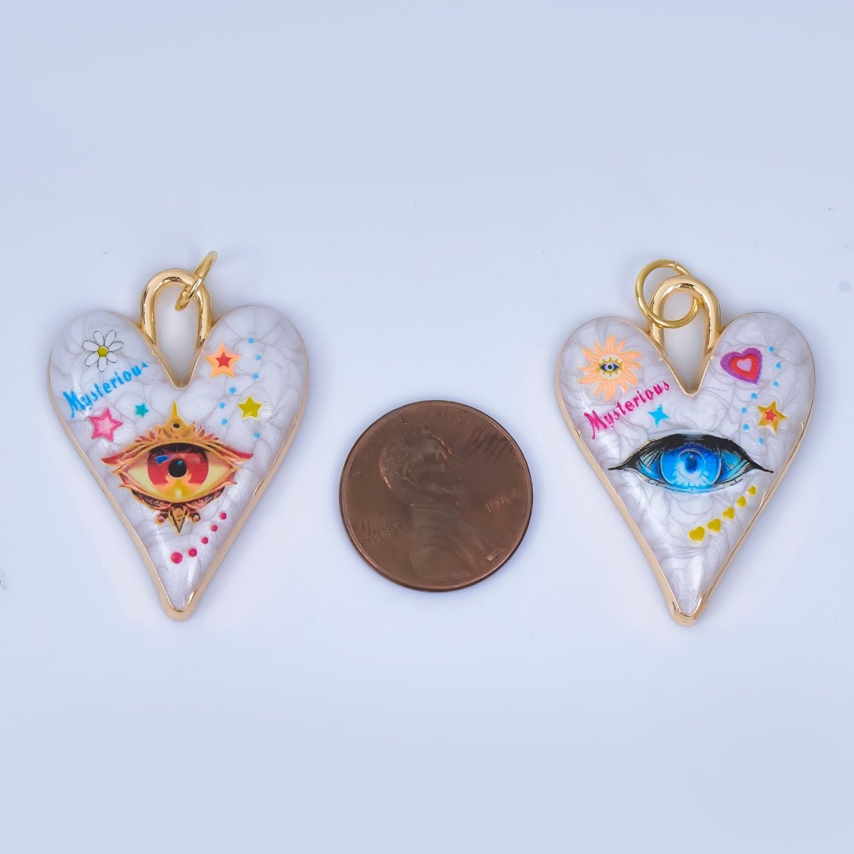 24K Gold Filled Pop Art Eye White Glitter Enamel Padlock Heart Charm | AJ439 - AJ444 - DLUXCA