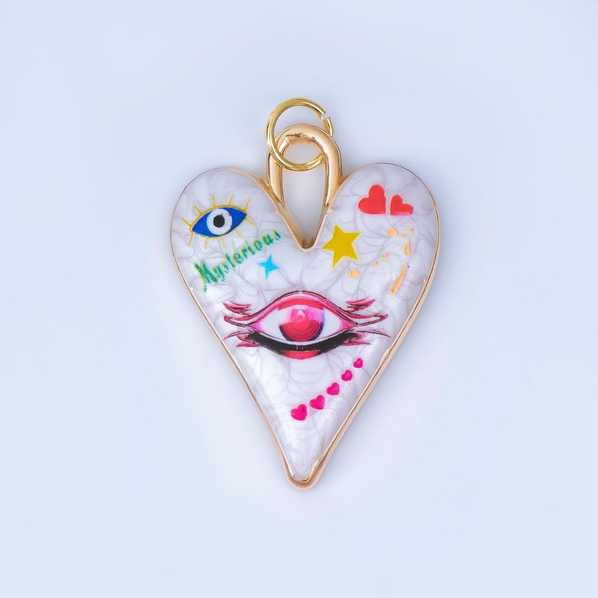 24K Gold Filled Pop Art Eye White Glitter Enamel Padlock Heart Charm | AJ439 - AJ444 - DLUXCA