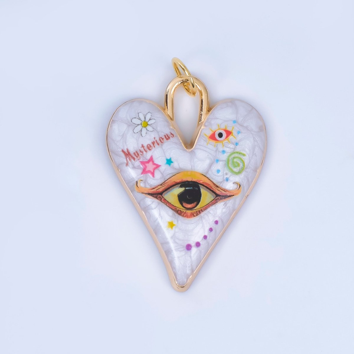 24K Gold Filled Pop Art Eye White Glitter Enamel Padlock Heart Charm | AJ439 - AJ444 - DLUXCA