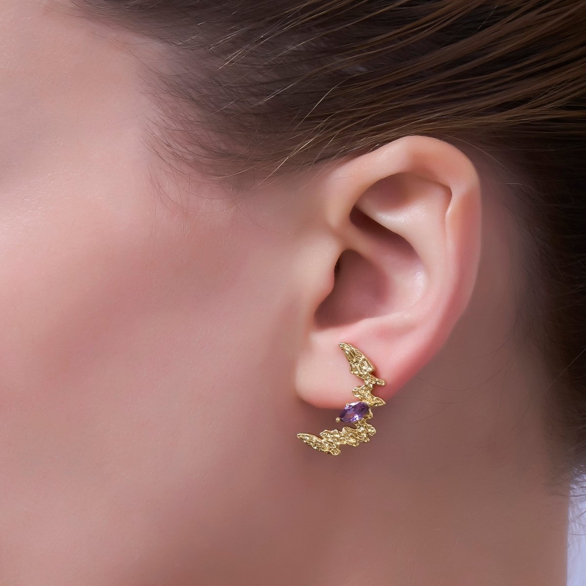 24K Gold Filled Purple CZ Hammered Stud Earrings | AB475 - DLUXCA