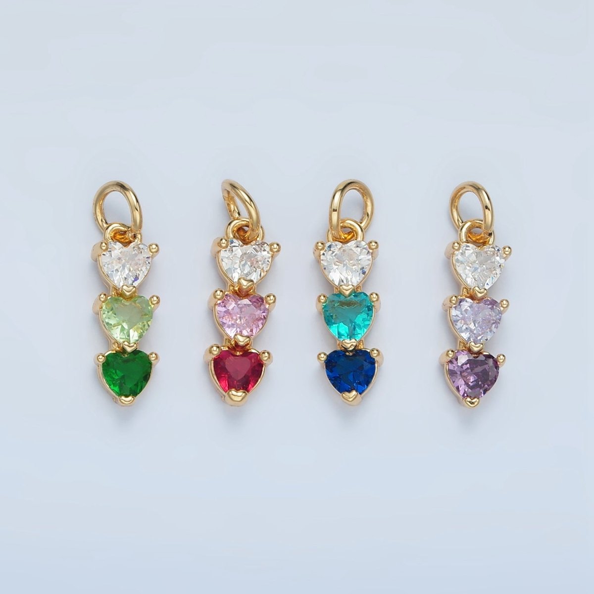 24K Gold Filled Purple, Green, Pink, Blue Gradient Triple Heart CZ Linear Charm | AG890 AG902 - DLUXCA