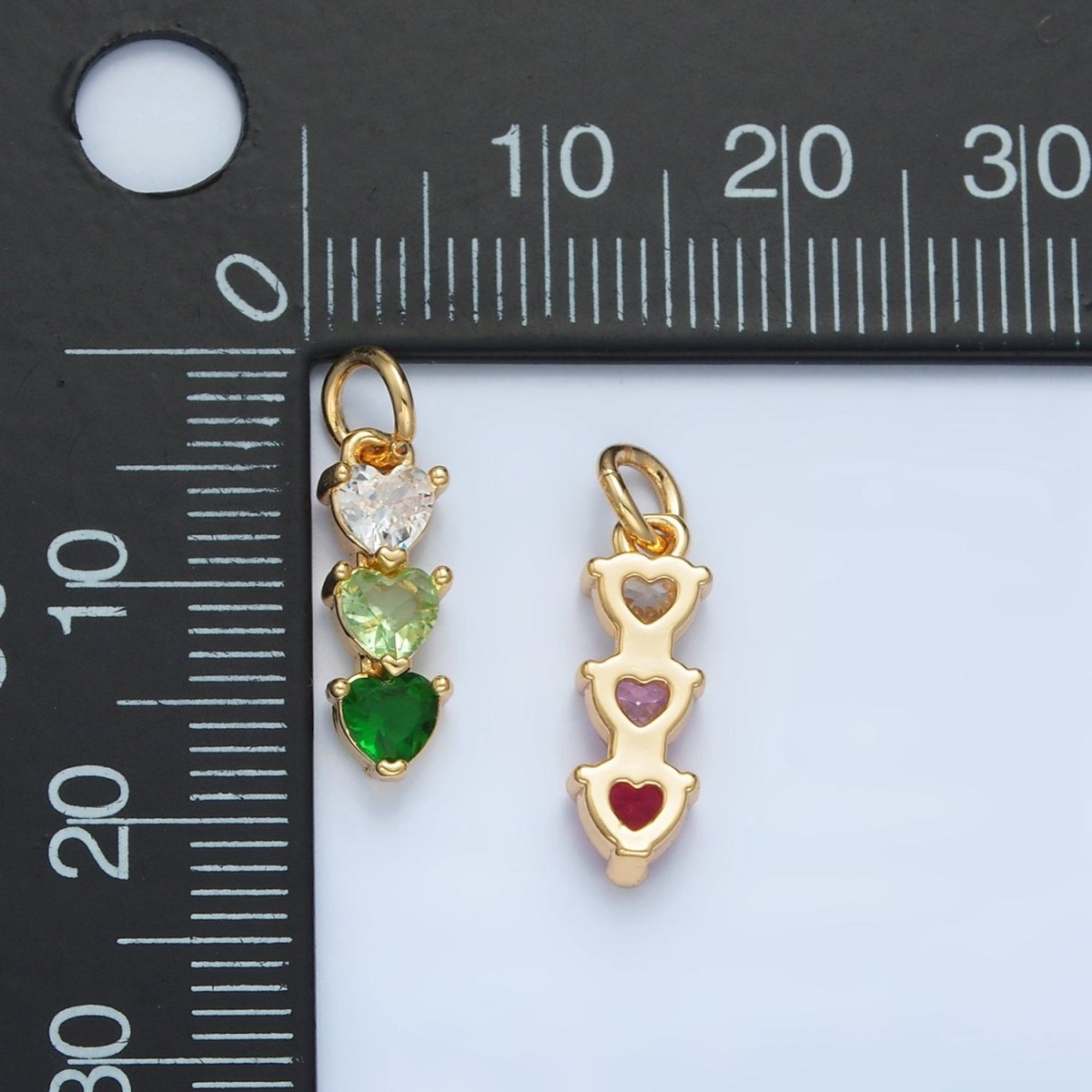 24K Gold Filled Purple, Green, Pink, Blue Gradient Triple Heart CZ Linear Charm | AG890 AG902 - DLUXCA