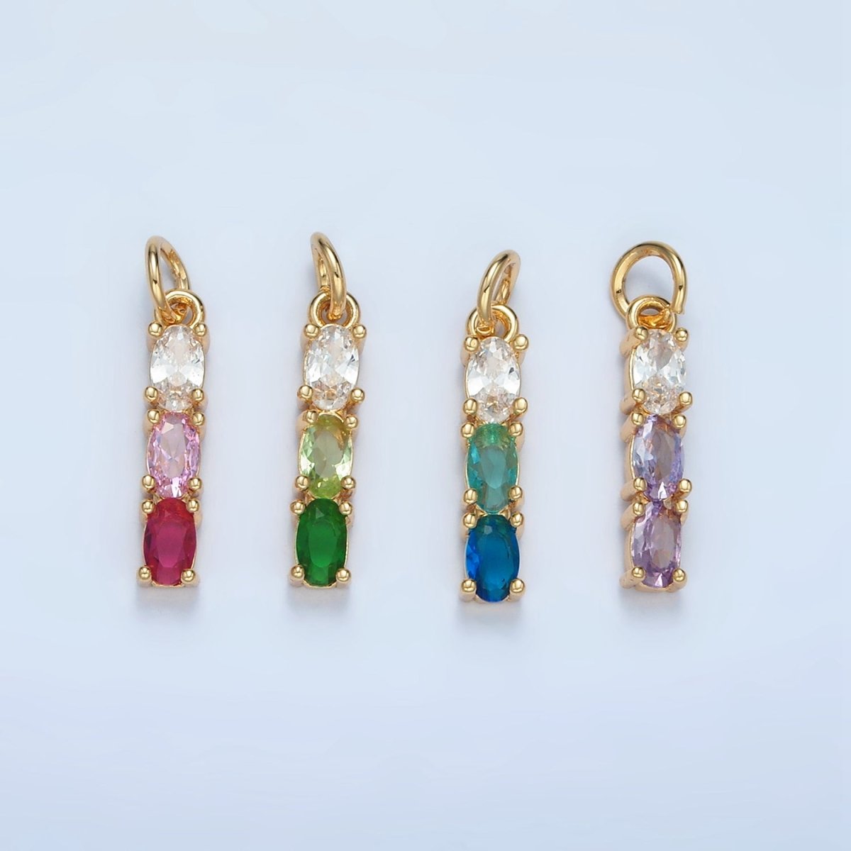 24K Gold Filled Purple, Green, Pink, Blue Gradient Triple Oval CZ Linear Charm | X568 X569 - DLUXCA