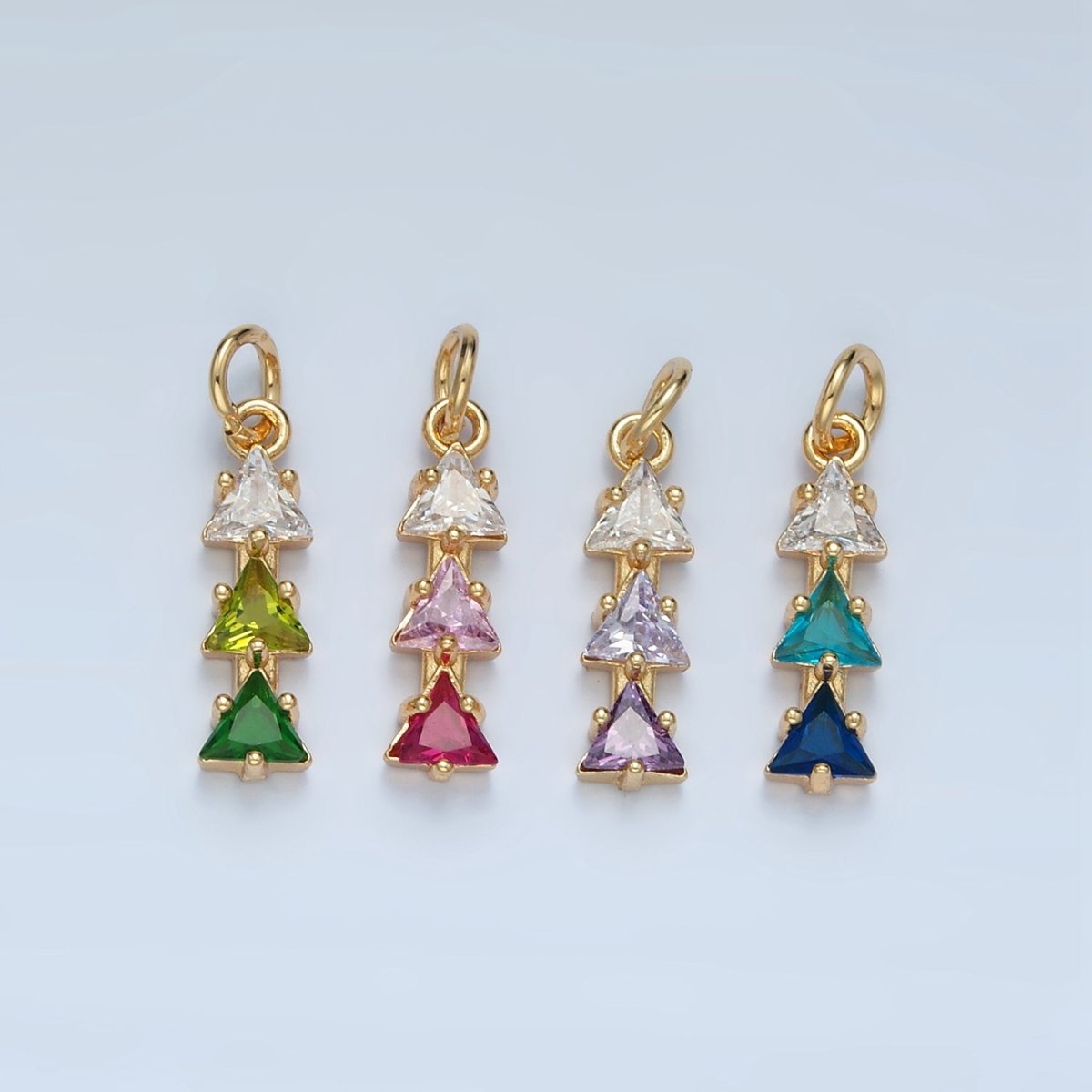 24K Gold Filled Purple, Pink, Blue, Green Gradient Triple Triangle CZ Linear Charm | AG896 AG897 - DLUXCA