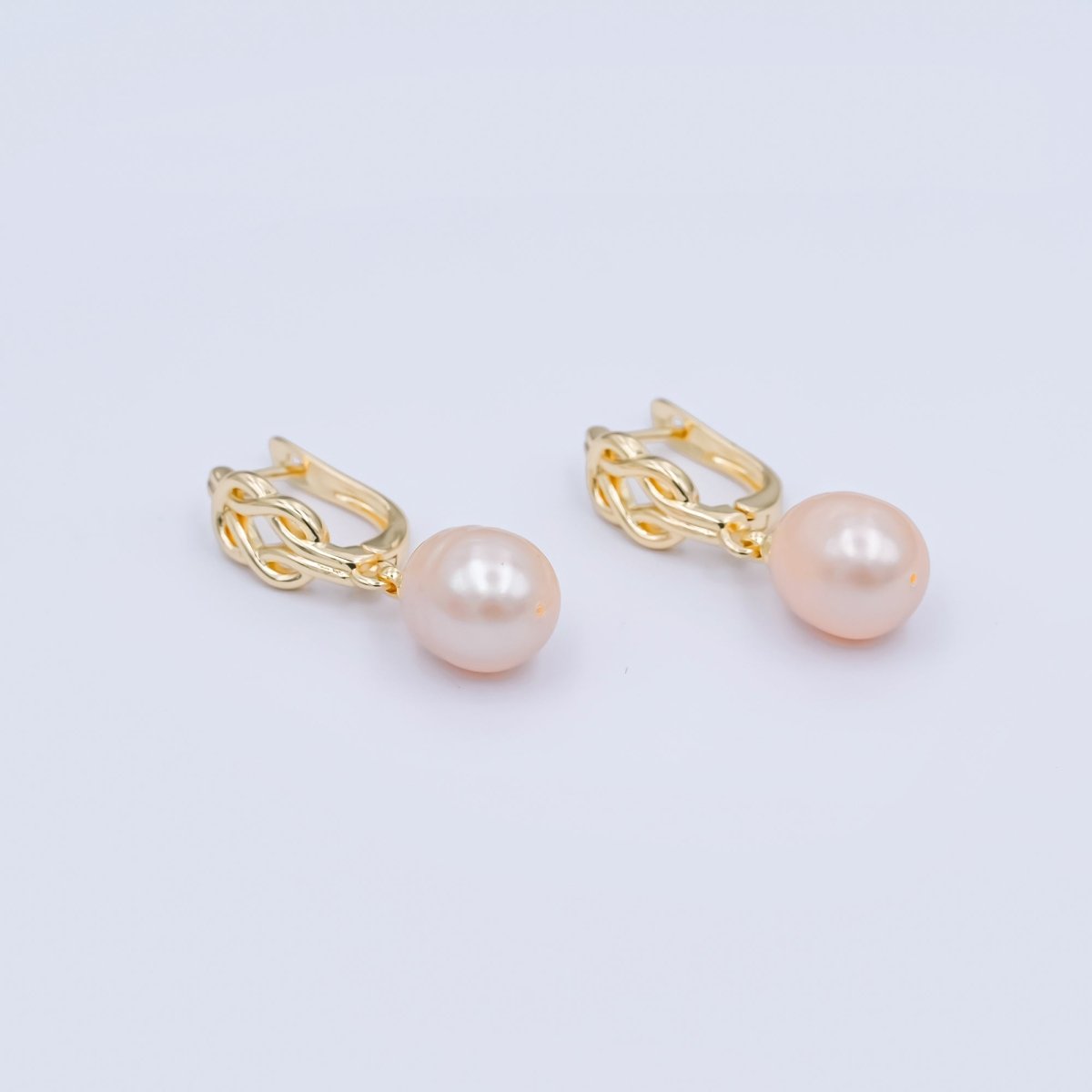 24K Gold Filled Purple, Pink Shell Pearl Drop Knot English Lock Hoop Earring | V377 V435 - DLUXCA