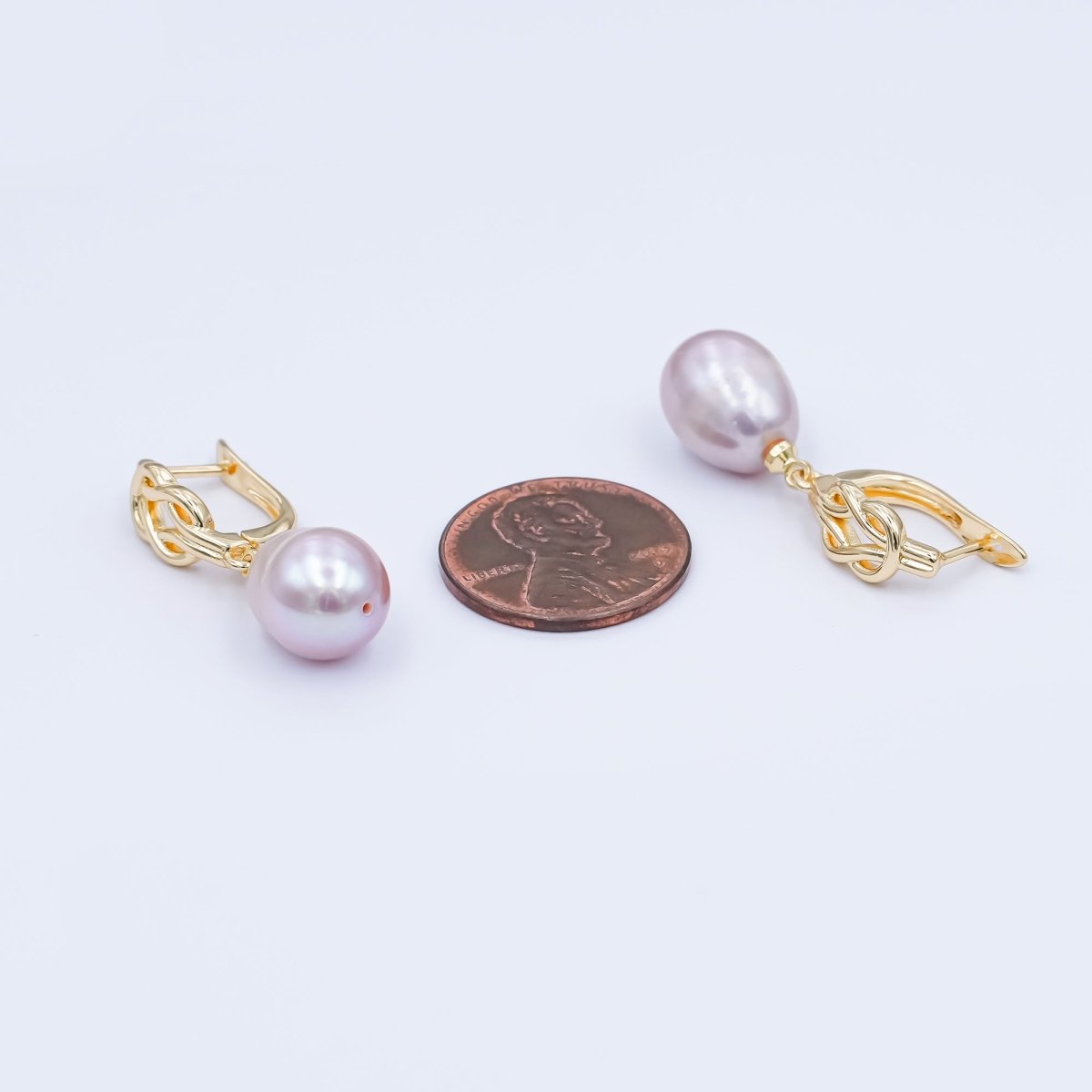 24K Gold Filled Purple, Pink Shell Pearl Drop Knot English Lock Hoop Earring | V377 V435 - DLUXCA