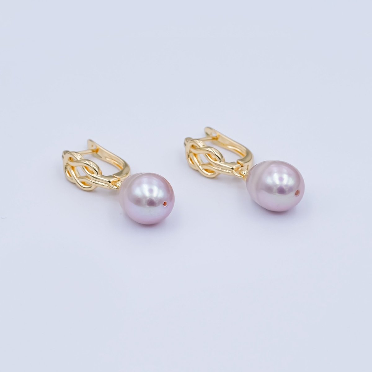 24K Gold Filled Purple, Pink Shell Pearl Drop Knot English Lock Hoop Earring | V377 V435 - DLUXCA