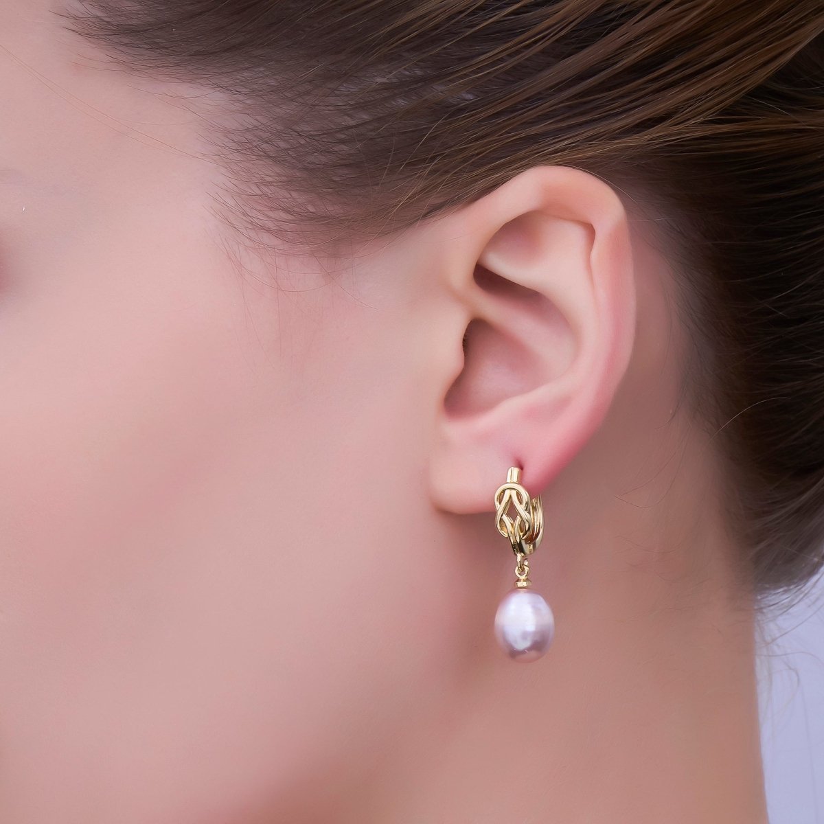 24K Gold Filled Purple, Pink Shell Pearl Drop Micro Paved CZ Hoop Earring | V350 V363 - DLUXCA