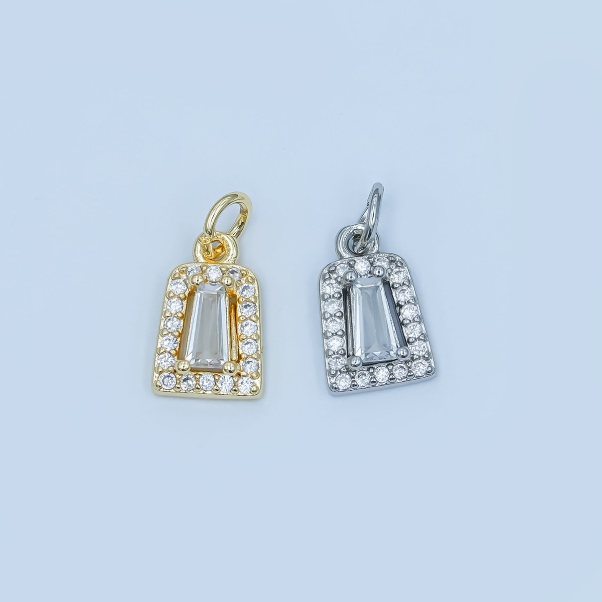 24K Gold Filled Rectangular Baguette Micro Paved CZ Charm in Gold & Silver | E165 - DLUXCA