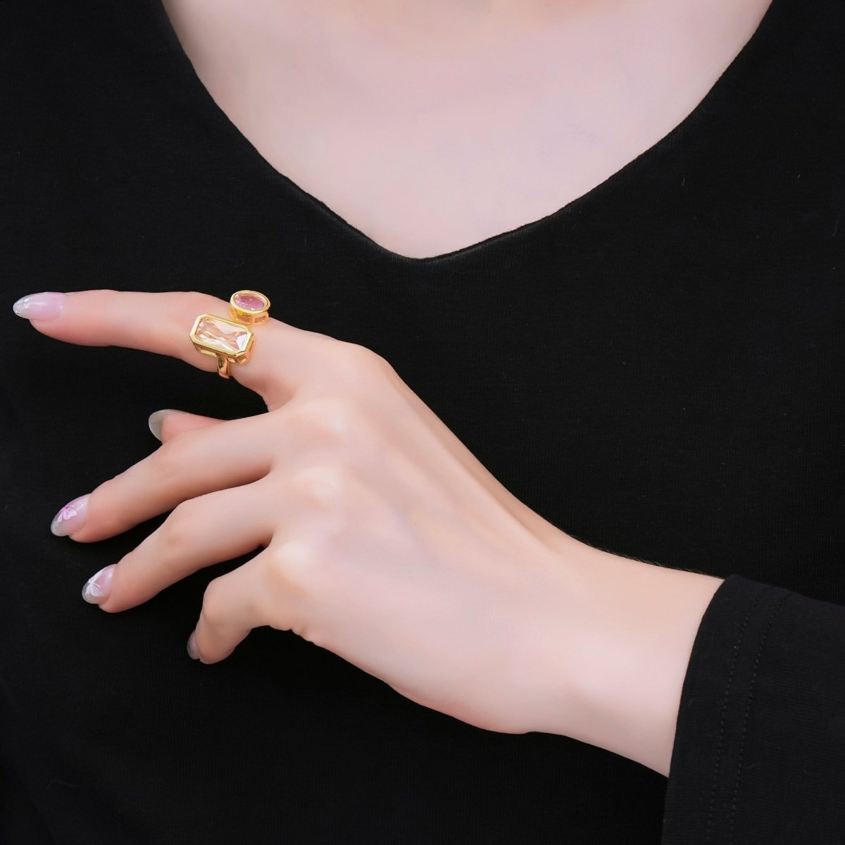24K Gold Filled Rectangular & Round CZ Yellow Pink Open Adjustable Ring | O - 1452 - DLUXCA