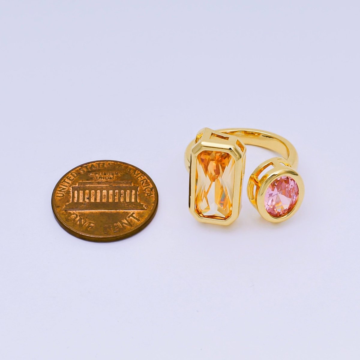 24K Gold Filled Rectangular & Round CZ Yellow Pink Open Adjustable Ring | O - 1452 - DLUXCA