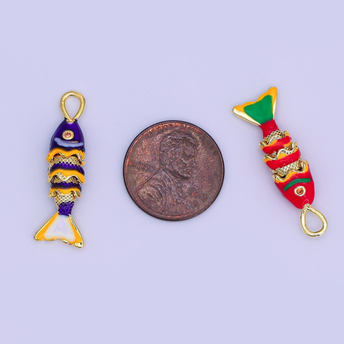 24K Gold Filled Red, Blue Enamel Fish 3D Multidimensional Charm | AH492 AH493 - DLUXCA