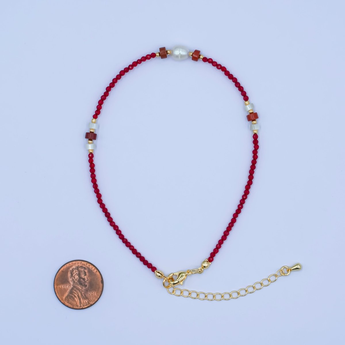 24K Gold Filled Red Carnelian Shell Pearl Gemstone 9.5 Inch Bracelet | WA - 2955 - DLUXCA