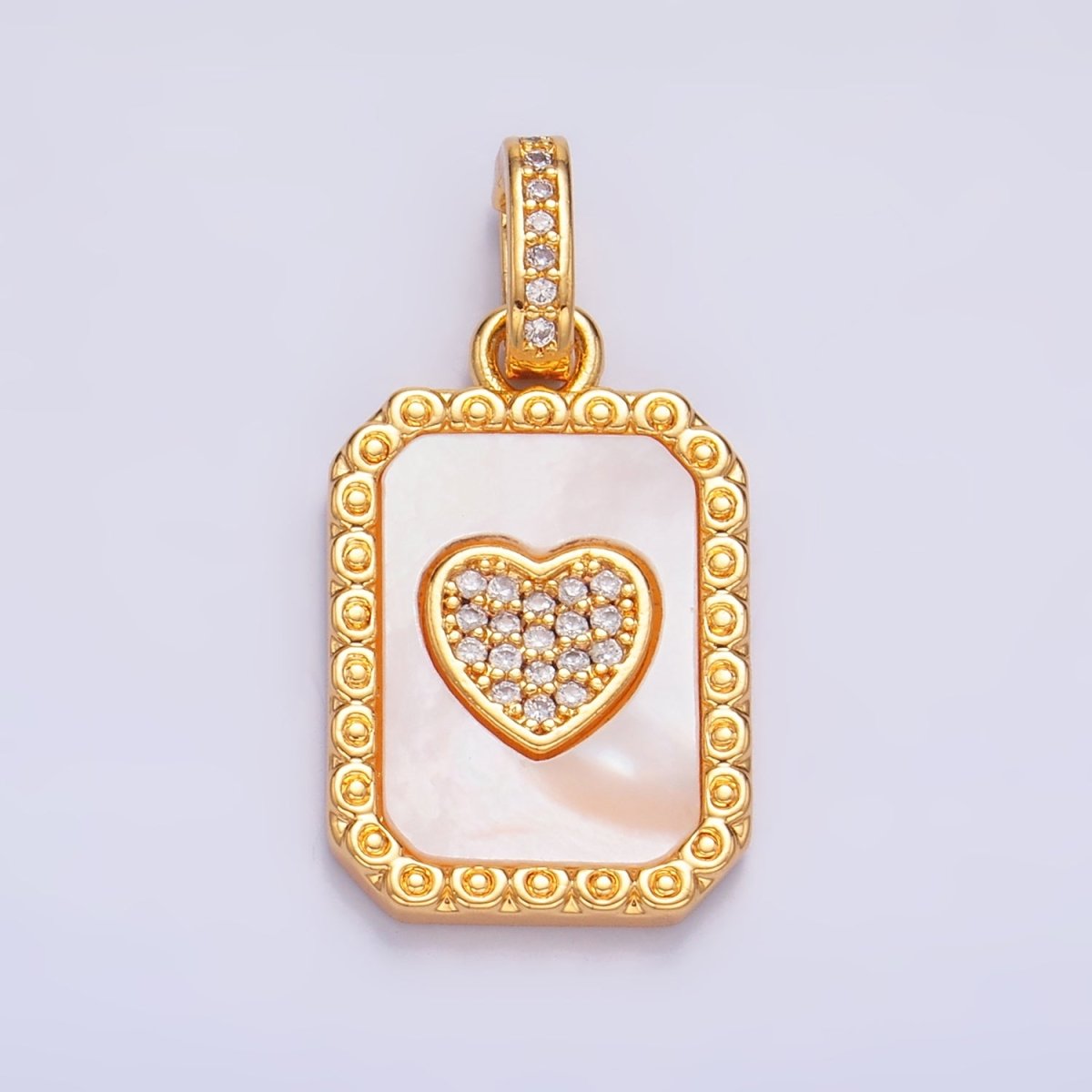 24K Gold Filled Red Carnelian, Shell Pearl Heart Micro Paved Snap Bail Pendant | AA1056 - DLUXCA