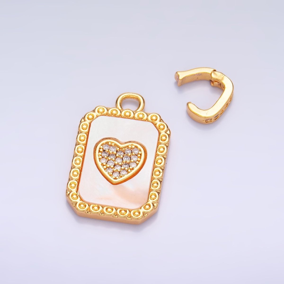 24K Gold Filled Red Carnelian, Shell Pearl Heart Micro Paved Snap Bail Pendant | AA1056 - DLUXCA