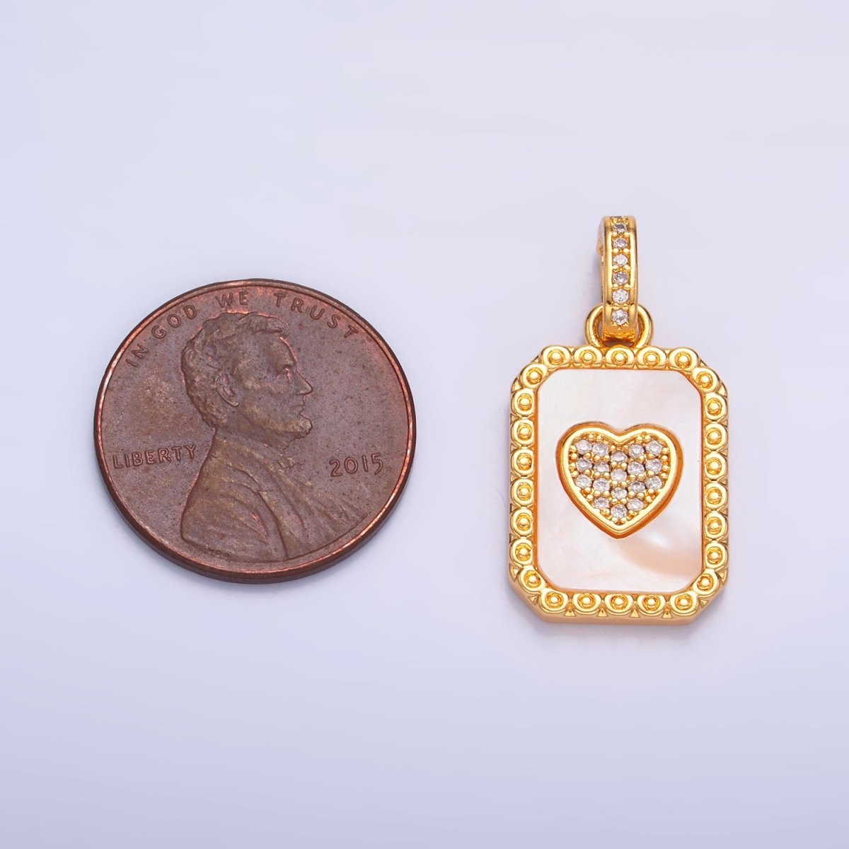 24K Gold Filled Red Carnelian, Shell Pearl Heart Micro Paved Snap Bail Pendant | AA1056 - DLUXCA