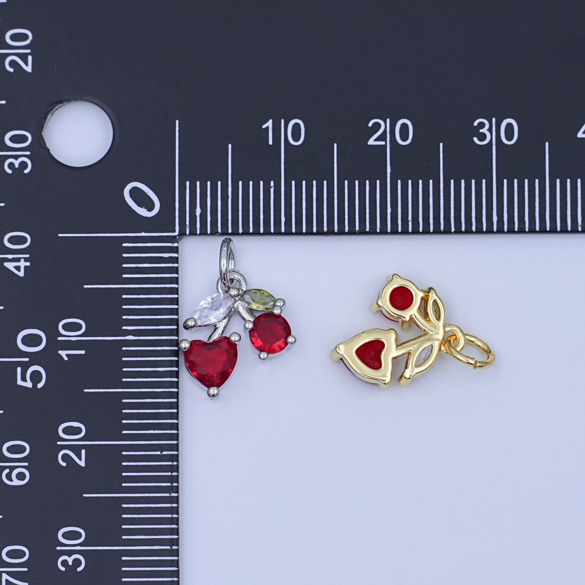 24K Gold Filled Red CZ Cherry Fruit Charm in Gold & Silver | W842 - DLUXCA