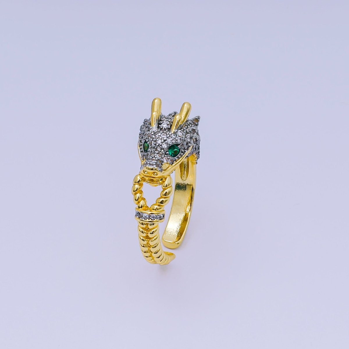 24K Gold Filled Red & Green Micro Paved CZ Enamel Art Mythical Dragon Adjustable Ring in Black & Grey | O - 1489 O - 1490 - DLUXCA