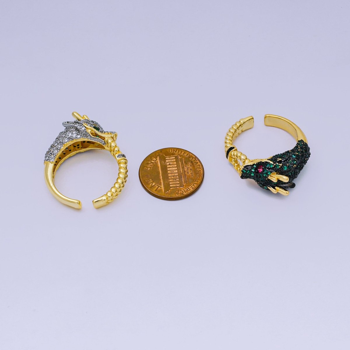 24K Gold Filled Red & Green Micro Paved CZ Enamel Art Mythical Dragon Adjustable Ring in Black & Grey | O - 1489 O - 1490 - DLUXCA