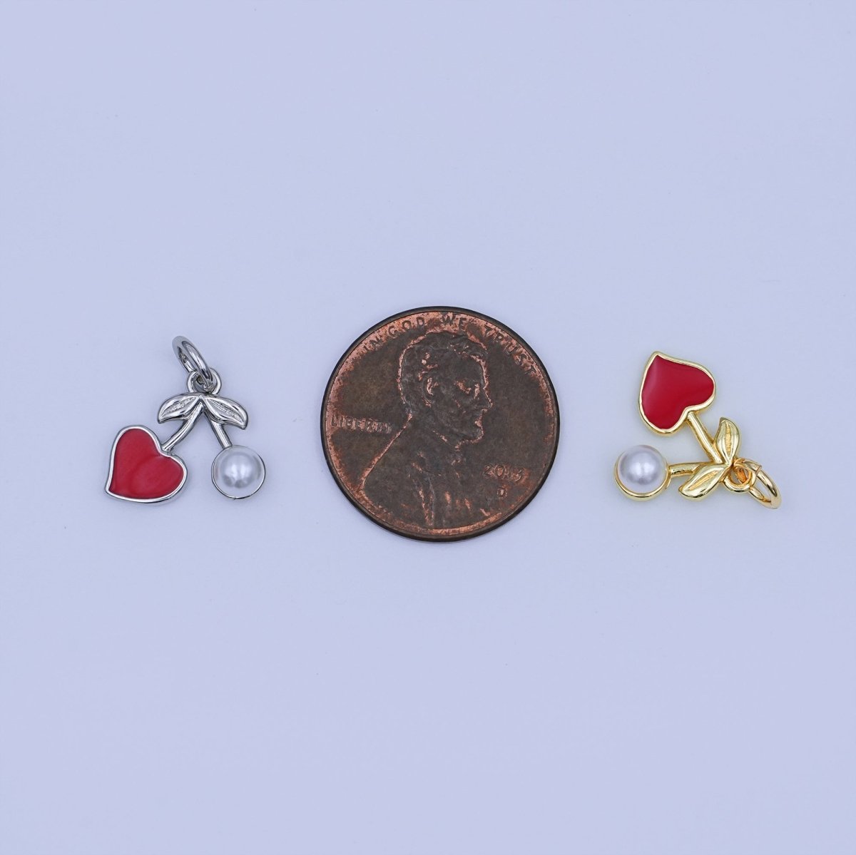 24K Gold Filled Red Heart Pearl Cherry Charm in Gold & Silver | W841 - DLUXCA