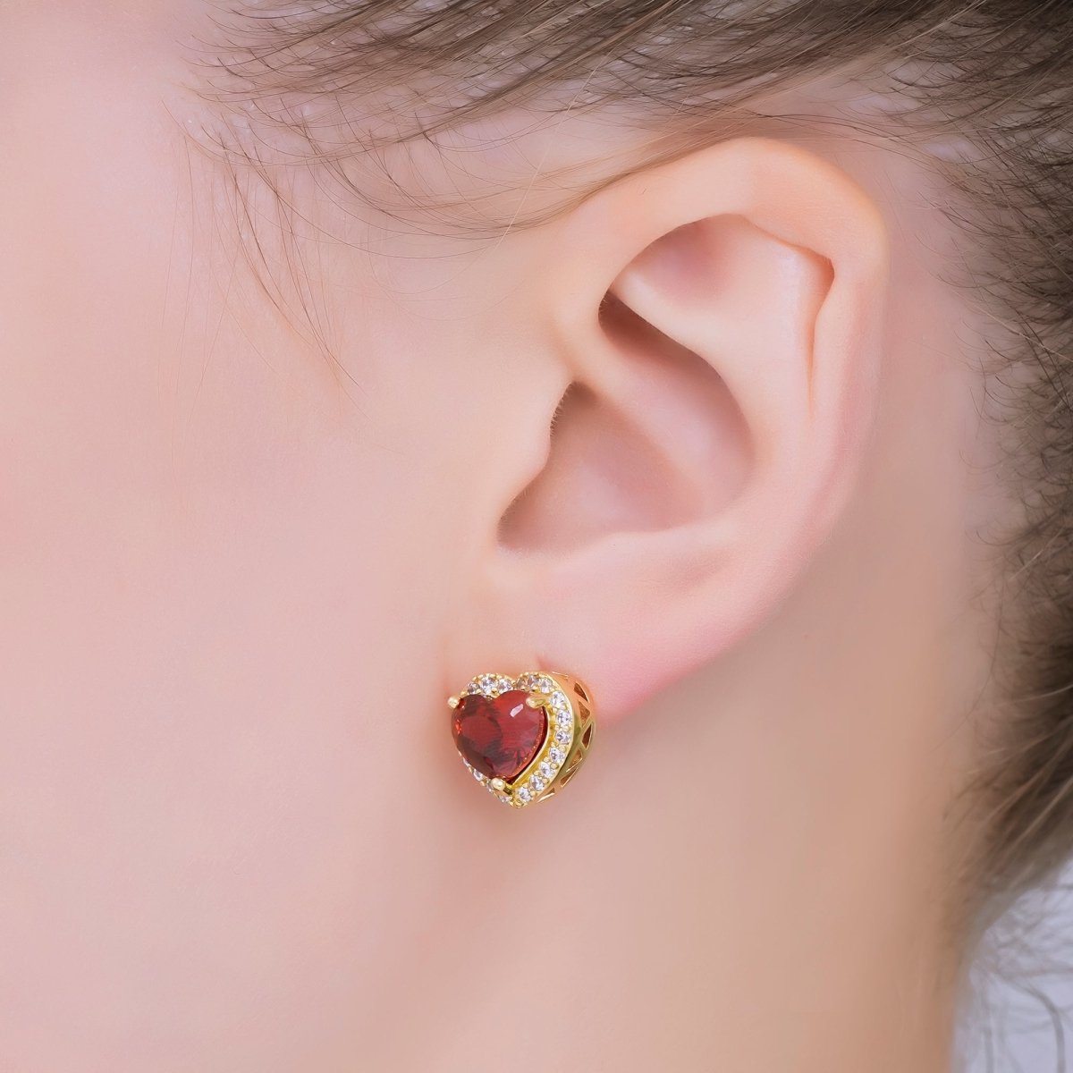 24K Gold Filled Red Heart - Shaped & Micro Paved CZ Elegant Stud Earrings | AJ - 118 - DLUXCA