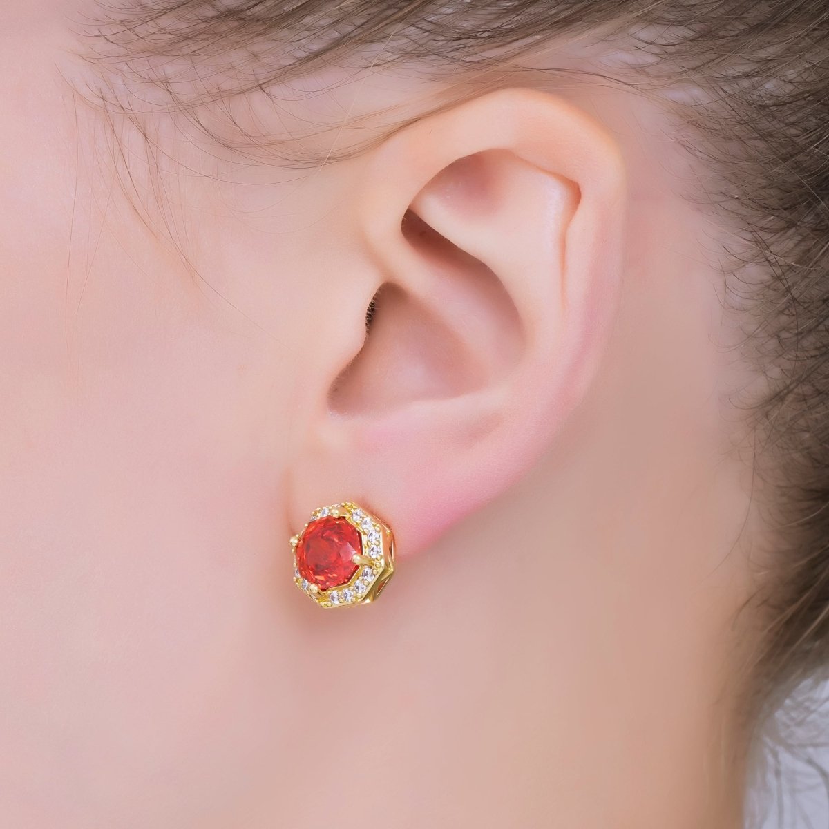 24K Gold Filled Red Hexagon & Micro Paved CZ Royal Spark Hexagon Stud Earrings | AJ - 119 - DLUXCA