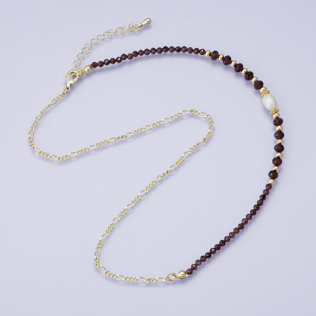 24K Gold Filled Red Multifaceted Gemstone Bead Figaro Chain Half 16 Inch Necklace w. Extender | WA - 04207 - DLUXCA