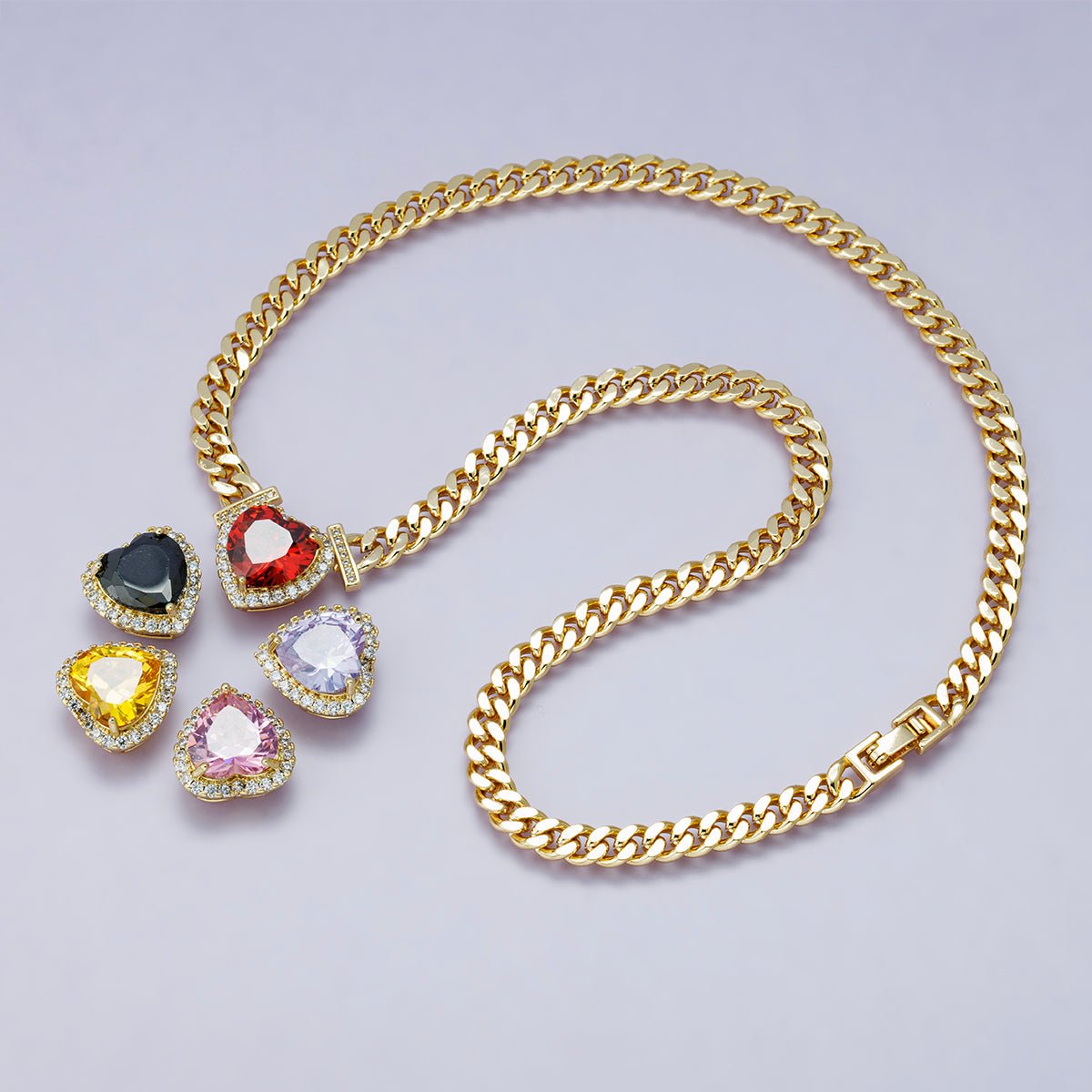 24K Gold Filled Red, Pink, Clear, Yellow, Green Heart CZ Micro Paved Curb Chain 18 Inch Necklace | WA - 04190 - DLUXCA
