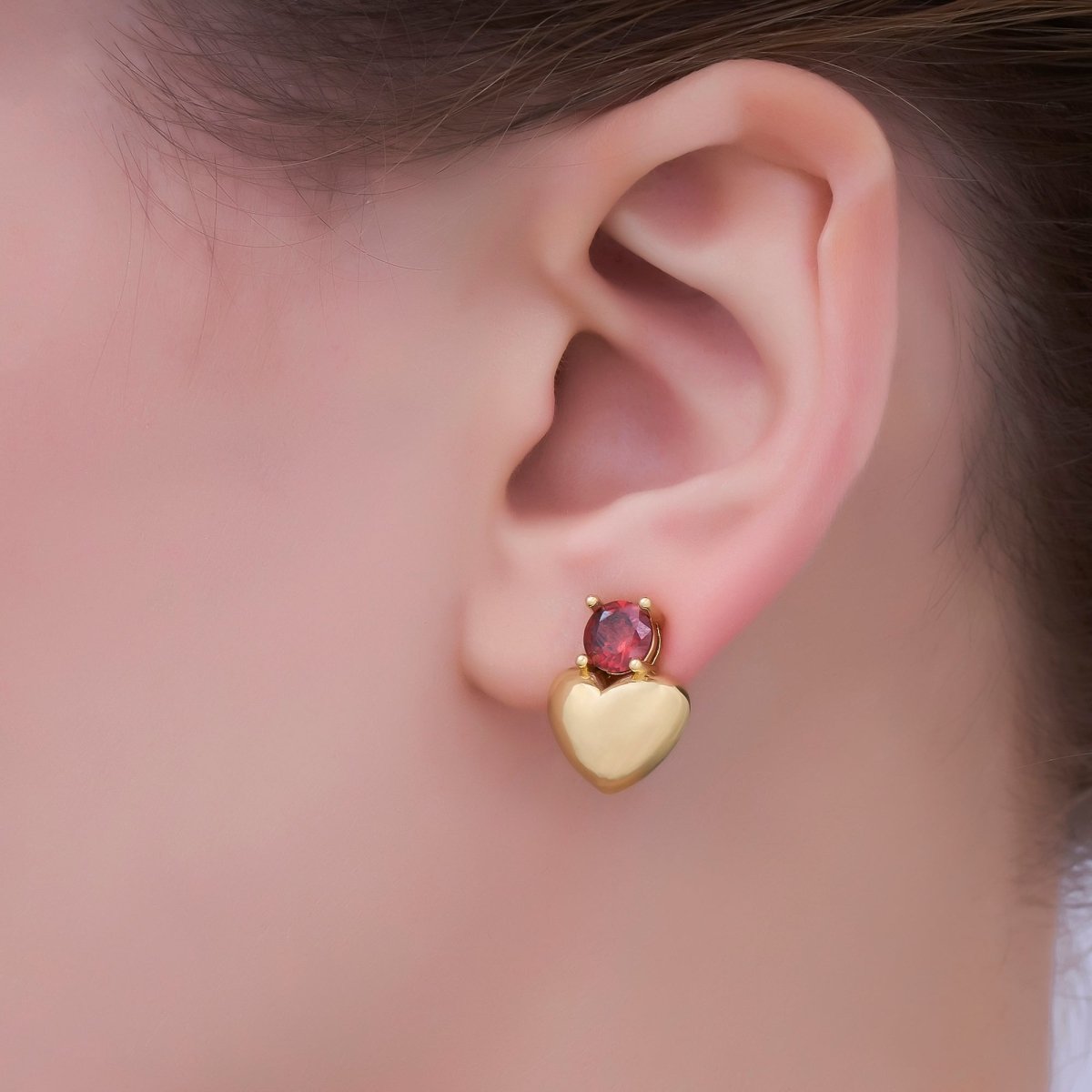 24K Gold Filled Red Round CZ Burning Red Heart Love Stud Earrings | AI515 - DLUXCA