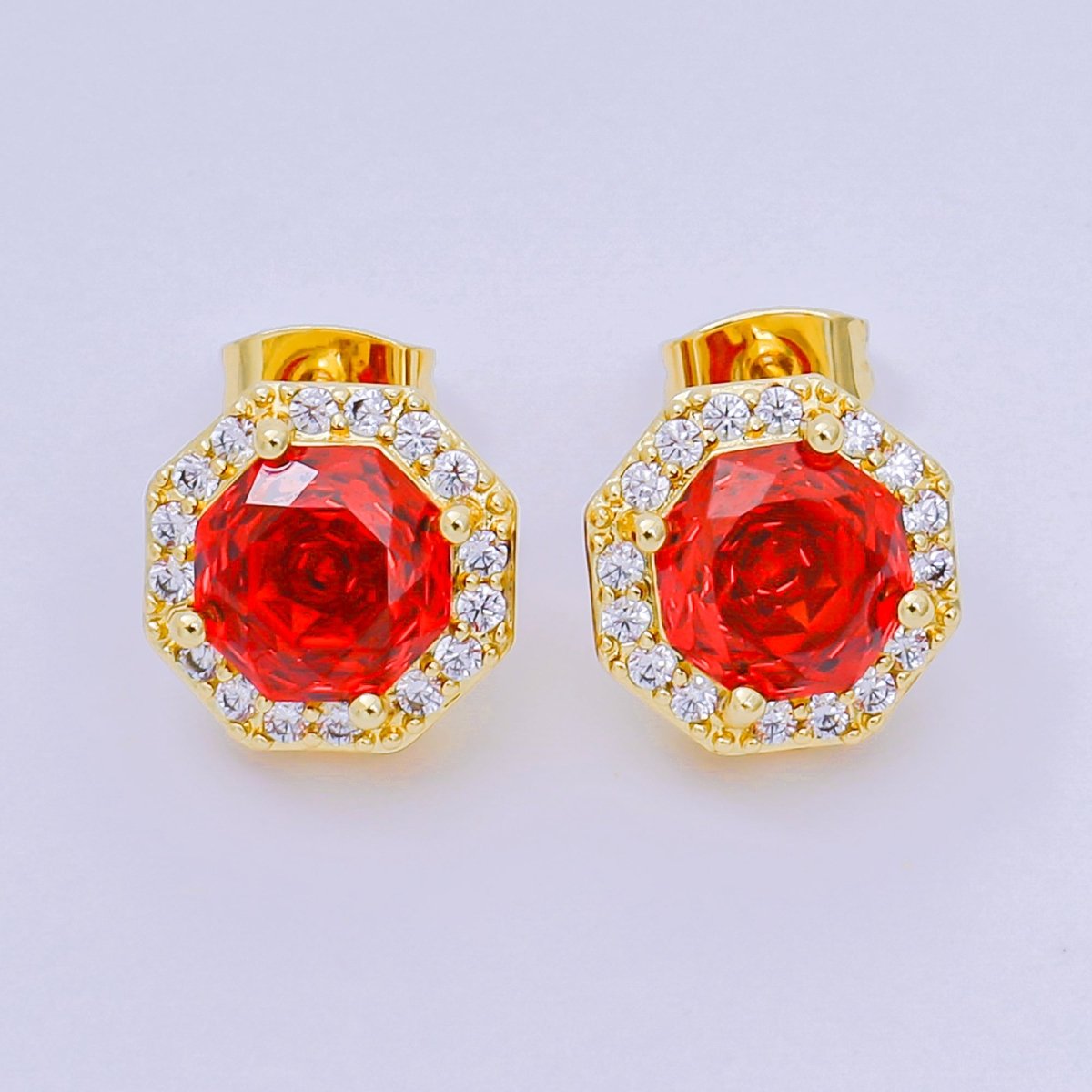 24K Gold Filled Red Round - Shaped & Micro Paved CZ Royal Spark Round Stud Earrings | AJ - 119 - DLUXCA