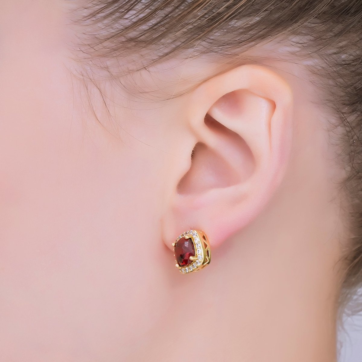 24K Gold Filled Red Square - Shaped & Micro Paved CZ Curvy Square Stud Earrings | AJ - 120 - DLUXCA