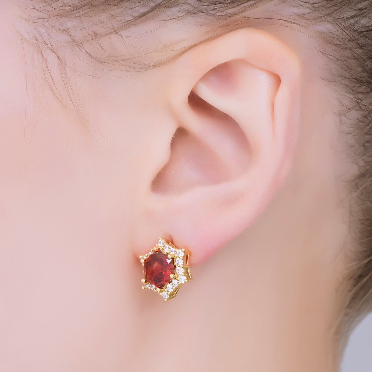 24K Gold Filled Red Star - Shaped & Micro Paved CZ 6 - Points Stars Stud Earrings | AJ - 121 - DLUXCA
