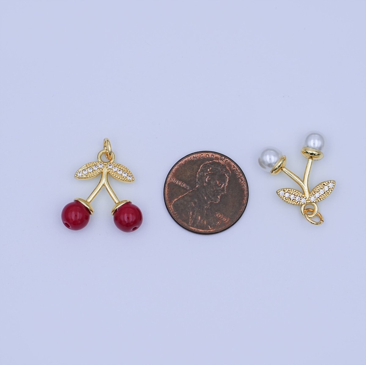 24K Gold Filled Red, White Cherry Micro Paved CZ Charm | X131 - DLUXCA