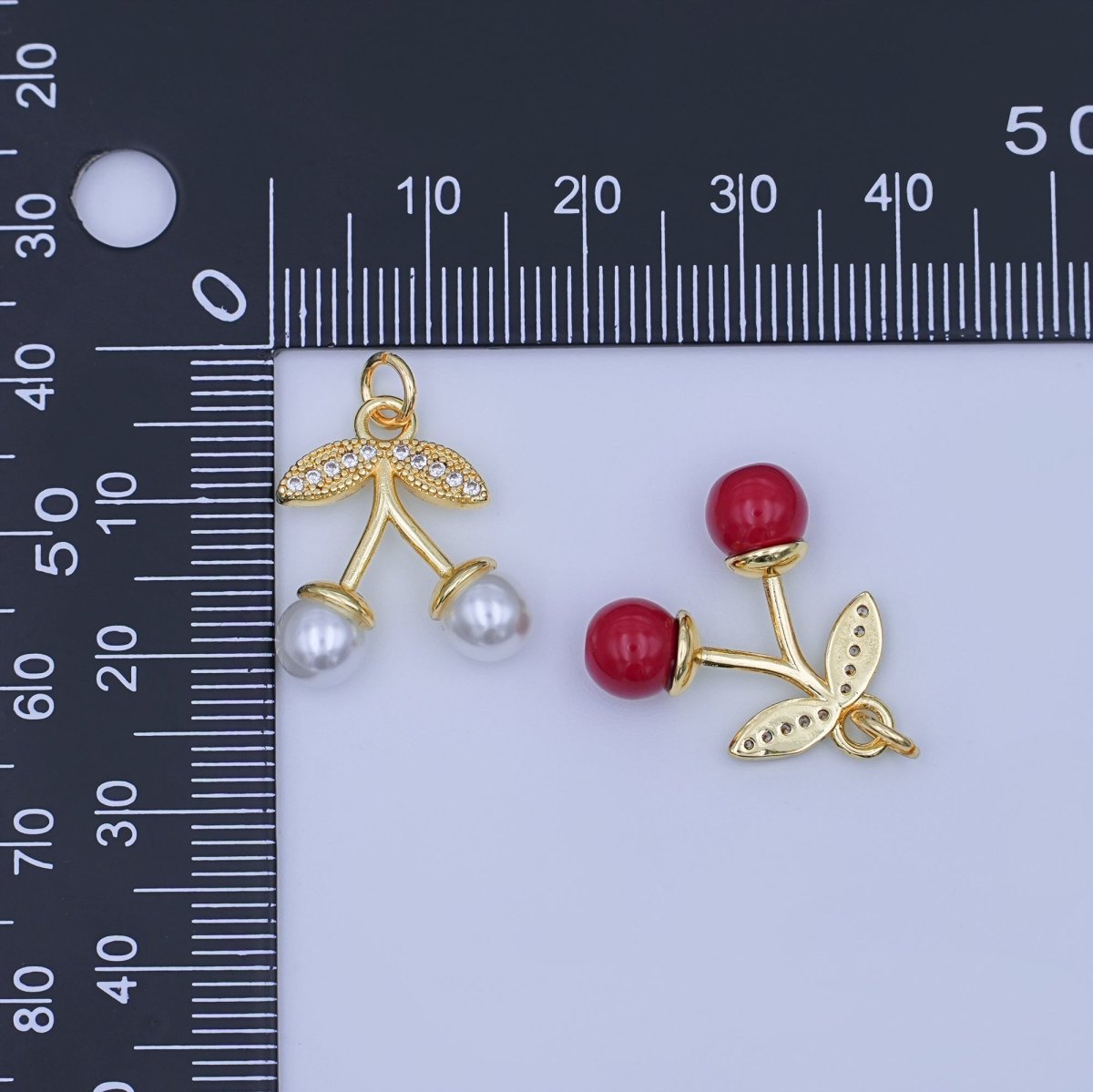 24K Gold Filled Red, White Cherry Micro Paved CZ Charm | X131 - DLUXCA
