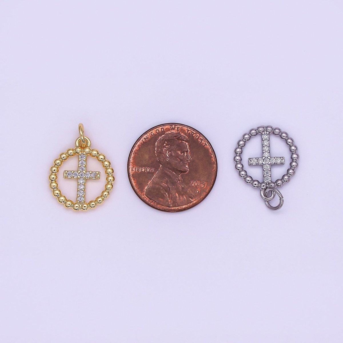 24K Gold Filled Religious Cross Micro Paved CZ Open Dotted Round Charm in Gold & Silver | AF433 - DLUXCA
