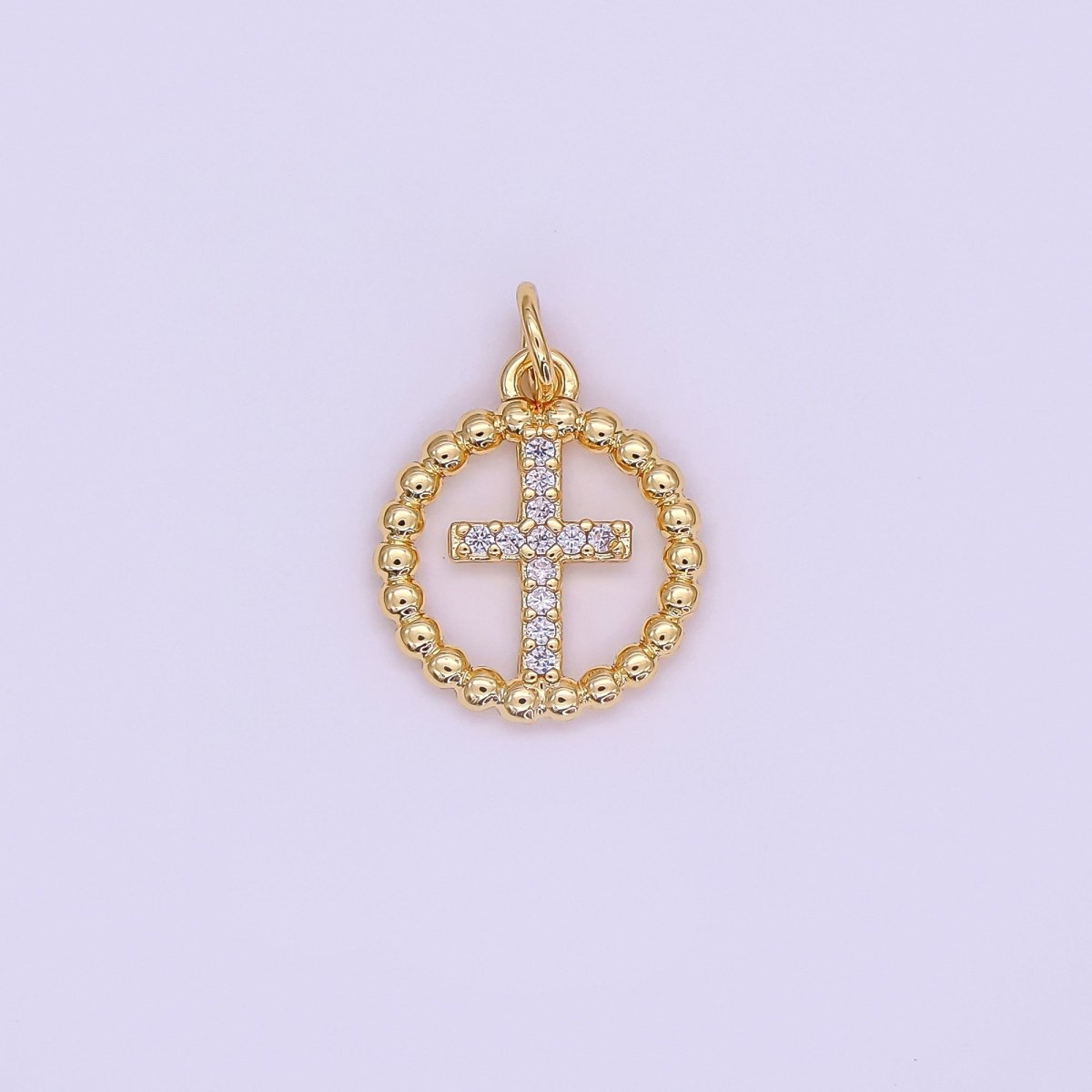 24K Gold Filled Religious Cross Micro Paved CZ Open Dotted Round Charm in Gold & Silver | AF433 - DLUXCA