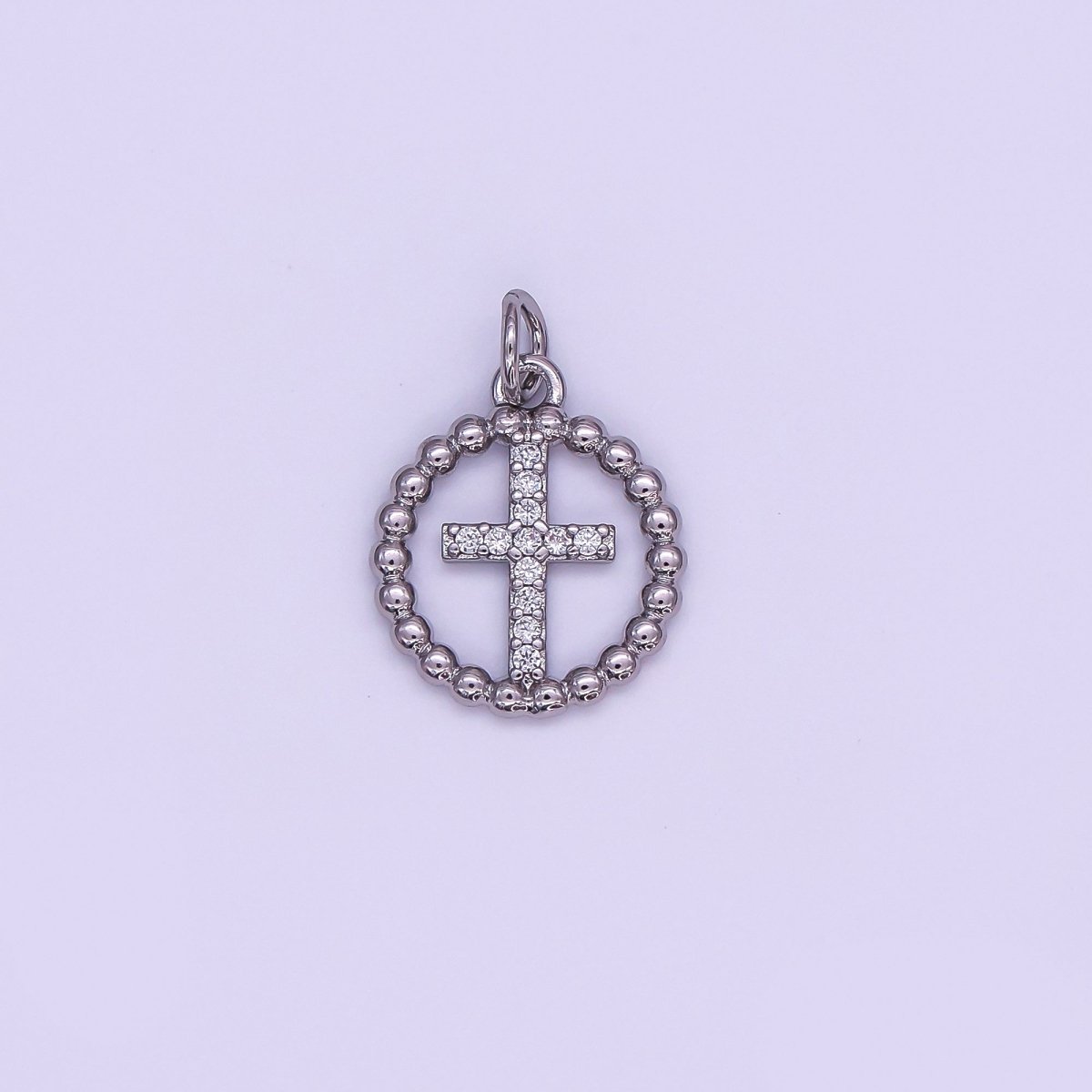 24K Gold Filled Religious Cross Micro Paved CZ Open Dotted Round Charm in Gold & Silver | AF433 - DLUXCA
