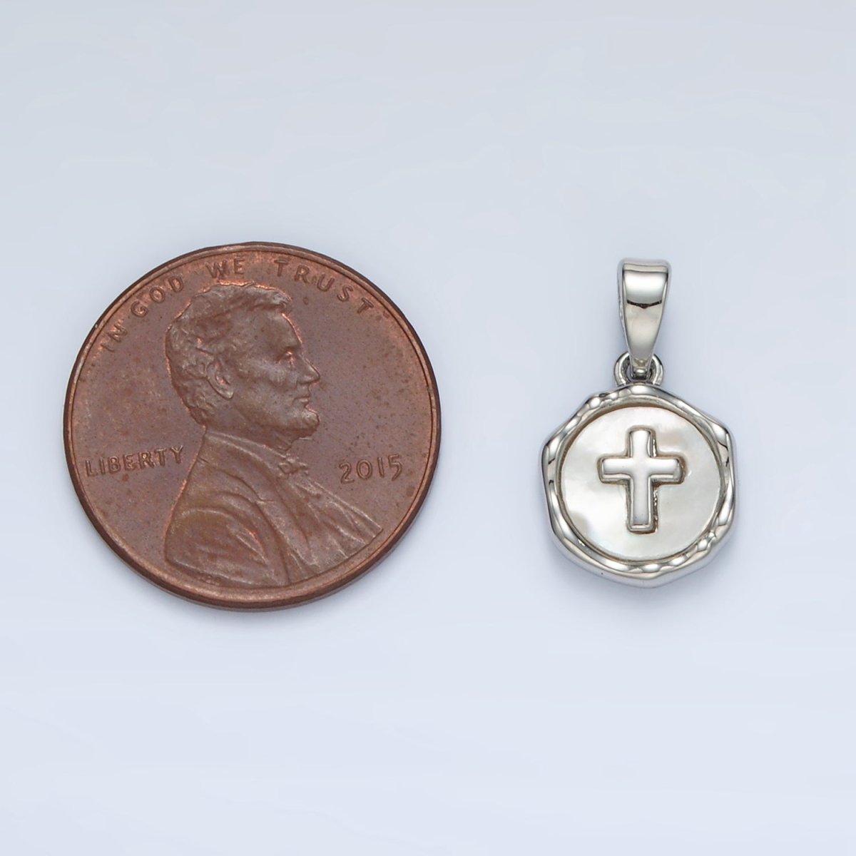 24K Gold Filled Religious Cross Shell Pearl Stamped Bezel Pendant in Gold & Silver | AA1521 - DLUXCA